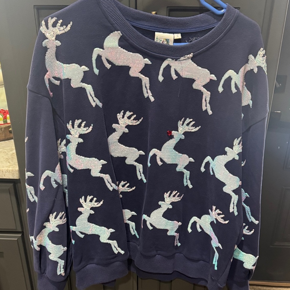 QUEEN OF SPARKLES Navy Sweater with Iridescent Reindeer